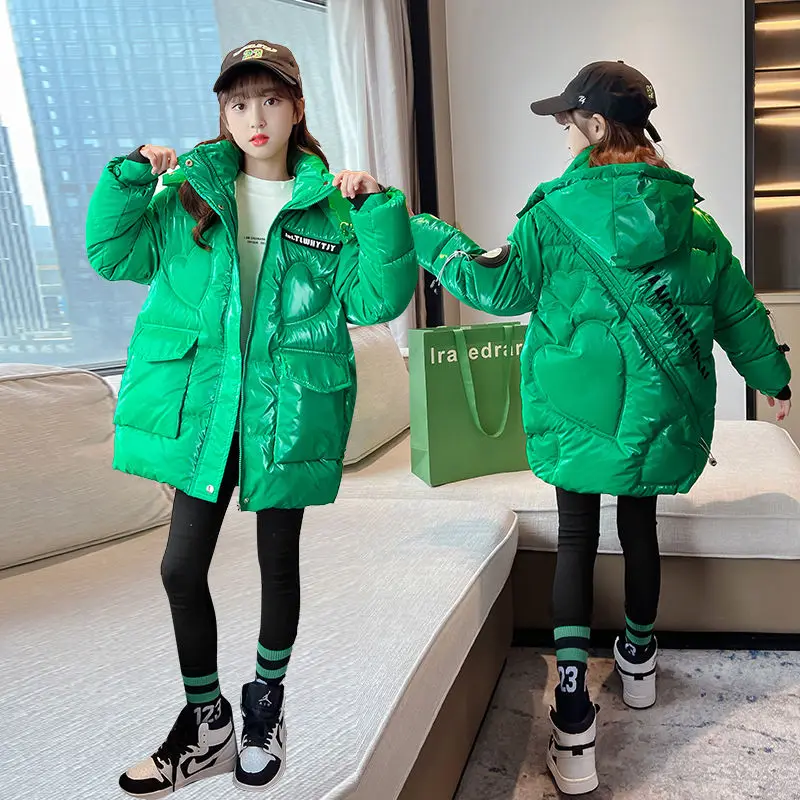 

2023 Teenage New Winter Thickening Hooded Girls Coat Fashion Kids Cotton Outerwear Solid Color Teens Girls Parka For 5-14 Years