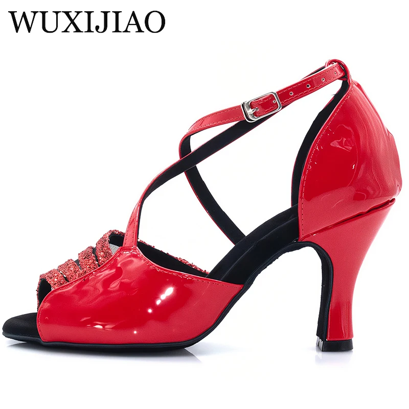 WUXIJIAO Professional women's Latin dance shoes colorful red PU sparkling high heels soft soled sandals wedding party shoes