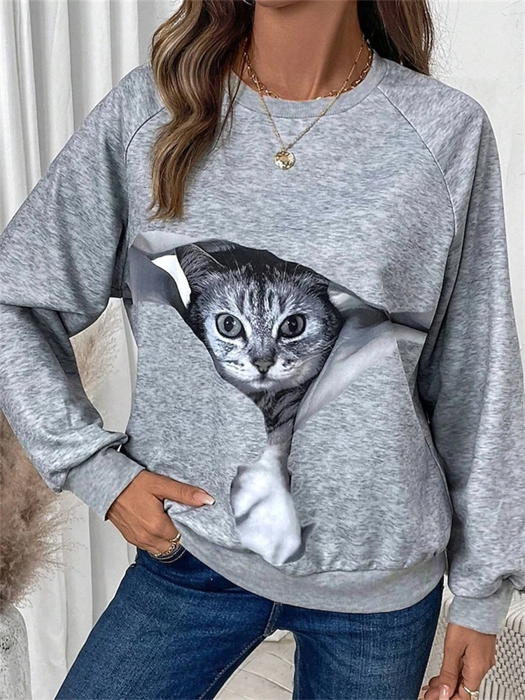 Women's Round Neck Hoodless Sweatshirt Animal Cat 3D Printed Sweater Fall And Winter Europe And The United States T-shirt Womens