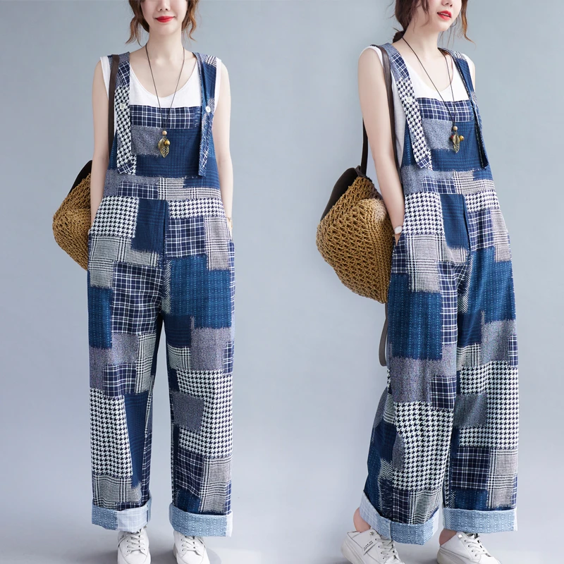 

Plus Size Summer High Waist Wide Leg Pants Women's Loose Cotton Linen Overalls Patchwork Design Korean Sle Commute Faion Trend