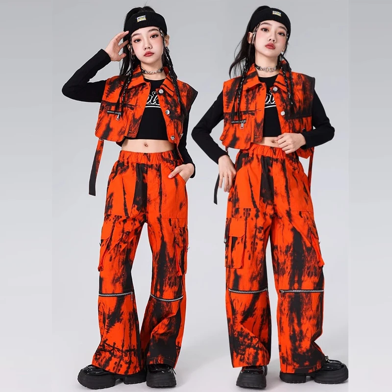 

Orange Hip Hop Dance Costume Girls Jazz Dance Kpop Outfit Child Ballroom Dance Performance Clothes Street Dancewear XS8972