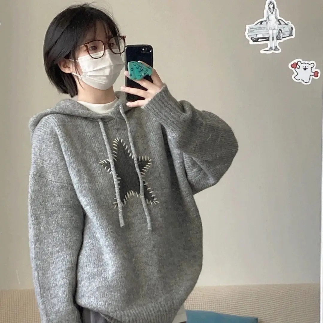 Design Gray Hood Sweater Women Autumn and Winter New  Japan fashion Retro Soft Glutinous Loose Lazy Knitted Outer Wear