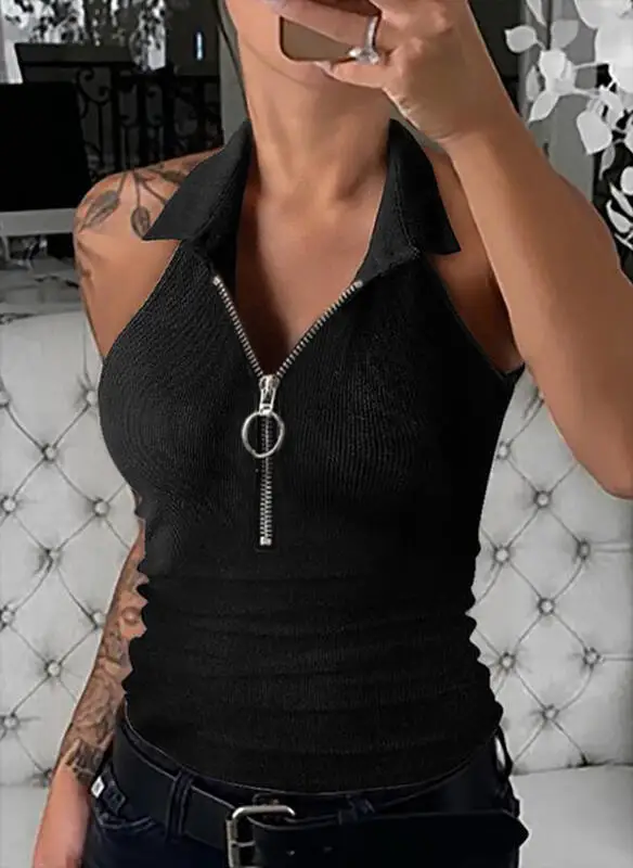 

2025 women's tooling style punk street waist design Tailored Cut halter lapel zipper neck vest