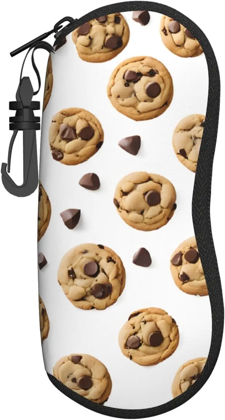 Chocolate Chip Biscuits Printed Portable Neoprene Travel Glasses Eyeglasses Sunglasses Case Pouch Bag with Clip Zipper Decor