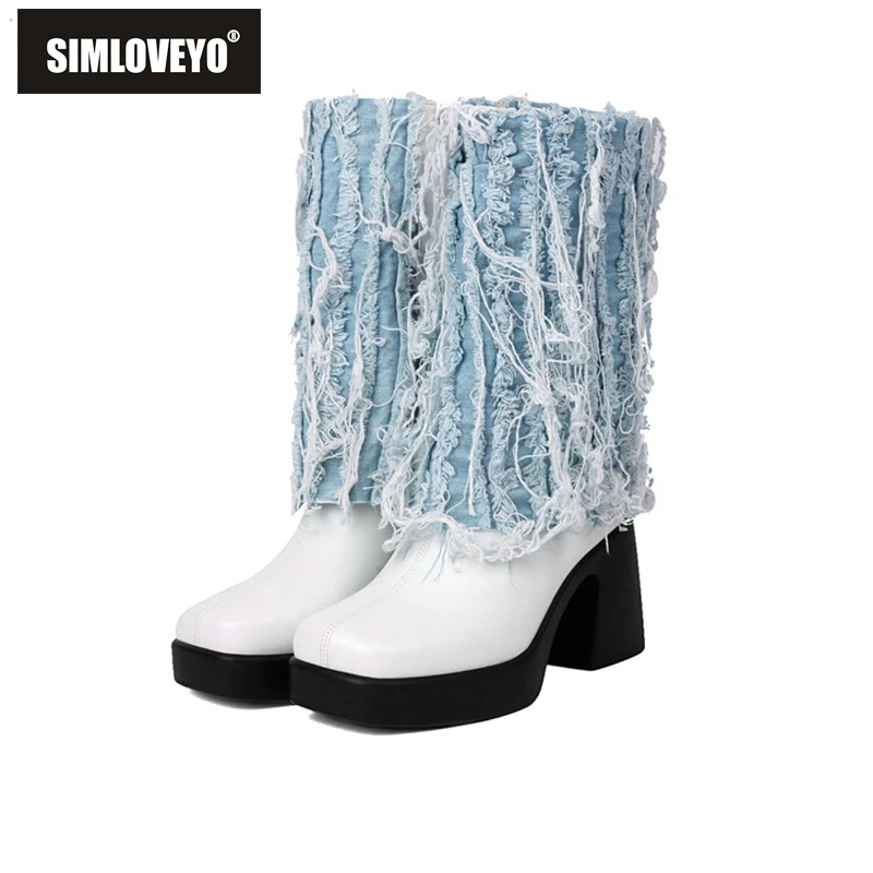 SIMLOVEYO 2024 Design  Tassels Boots 8.5cm Block Heels 2.5cm High Platform Round Toe Midcalf Bota Big Size 41 42 43