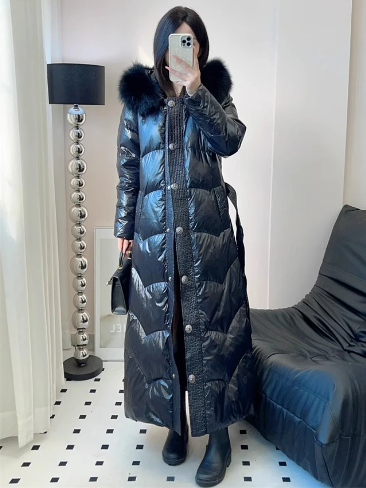 Jaqueta longa grossa preta para mulheres, gola de pele de raposa com capuz, cintura alta com cordões, casaco puffer de pato branco elegante, novo, inverno