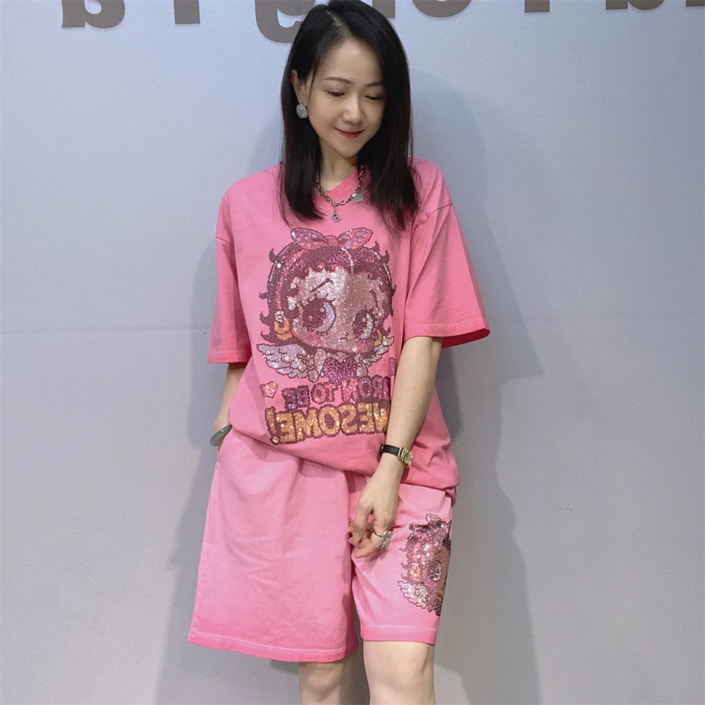 

Oversize Cartoon Diamonds Sets Women Summer Clothes Loose Tracksuit Casual Knitting Short Sleeve Two Piece Sets Womens Outifits