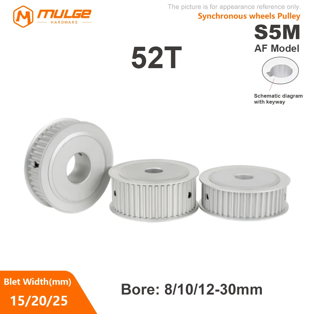 S5M pulley 52Teeth Timing Pulley AF Type  Keyway Bore circular hole 8-30mm For S5M Timing Belt Width 15/20/25mm 5GT