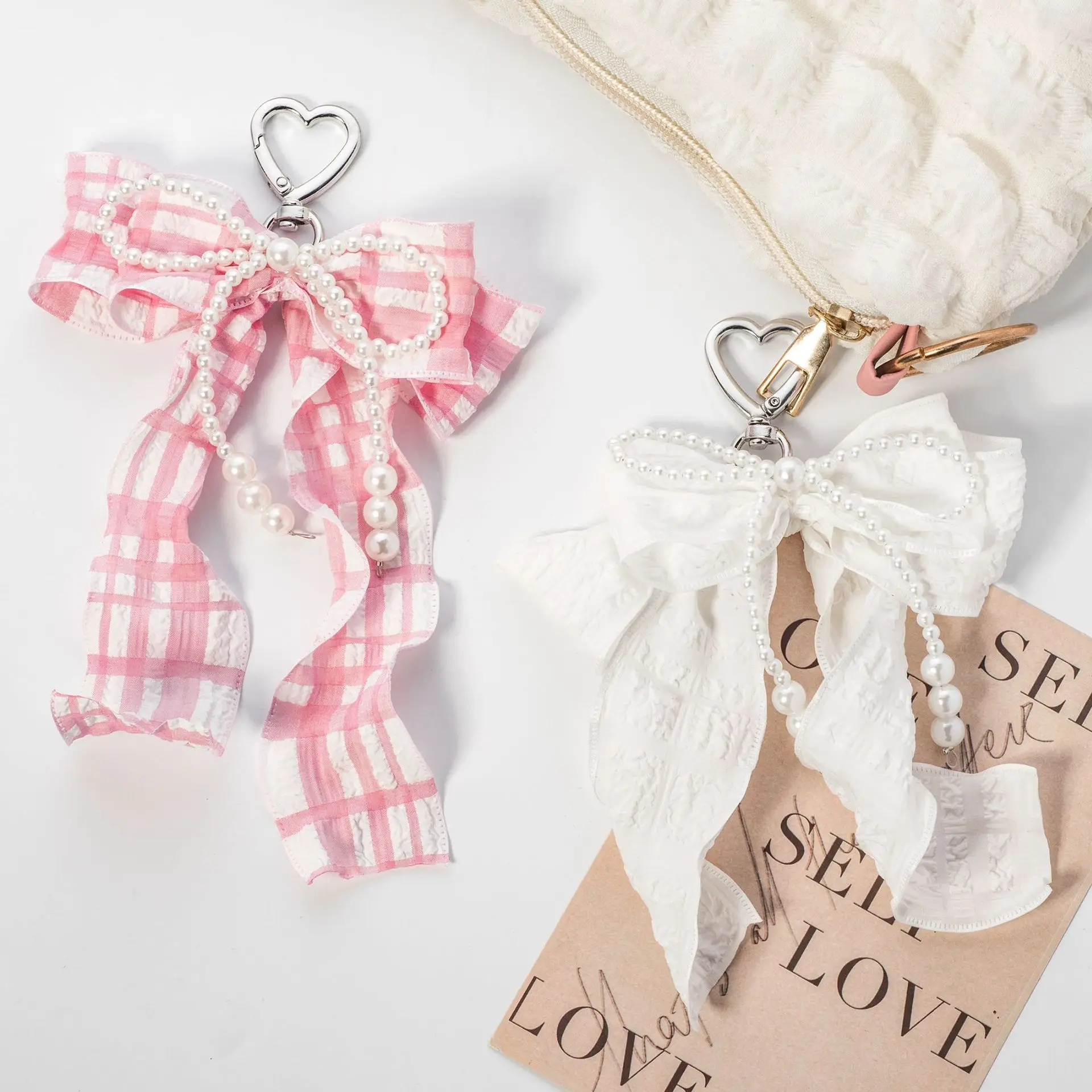 

Ladies' Bag Pendants Pearl Plaid Pleated Ribbon Bow Sweet Kawaii Bag Accessories High-quality Multifunctional Keychains For Girl