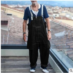 Streetwear Men Solid Color Multi Pockets Denim Overalls Loose Casual Washed Jumpsuit 2024 Male Suspenders Jeans Cargo Trousers