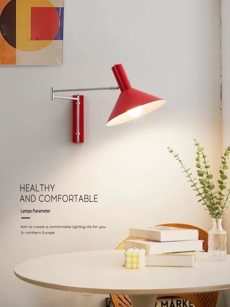 Bauhaus Red Swing Arm Wall Light Retro Foldable Long Swing Arm Bedroom Bedlight, Living Room Sofa Reading Light