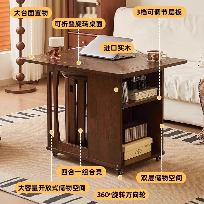 Middeleeuwse salontafel, beweegbare opvouwbare zijkant, paar trolleys, woonkamer