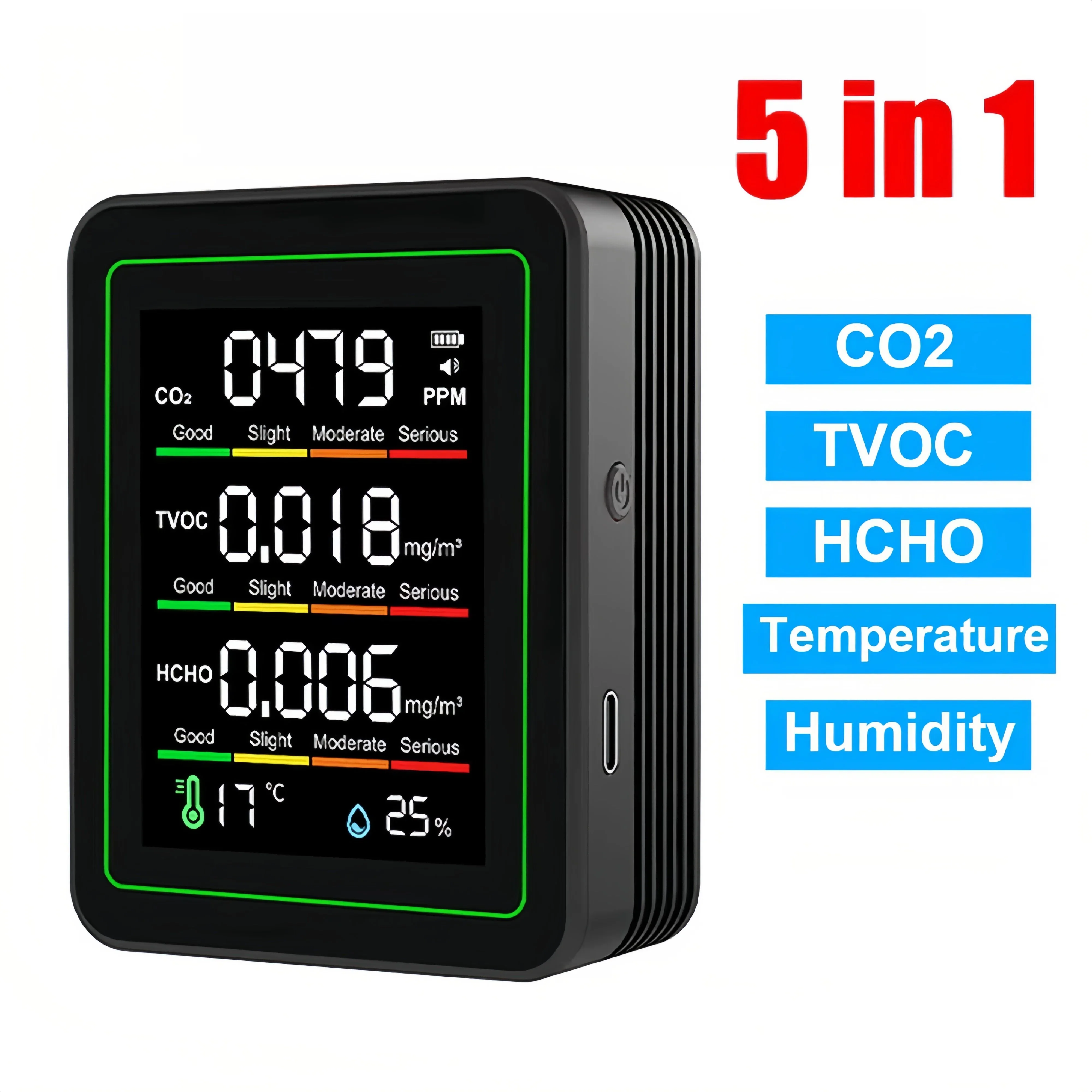

Newly Upgraded 5 in 1 homeAir Quality Monitor 30Hrs Battery Air Tester Temperature Humidity Detector CO2 Meter Indoor Wall Mount