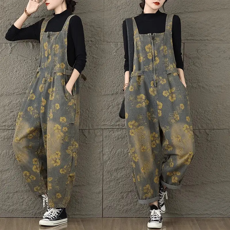 

Retro Printed Denim Overalls Women's 2024 Spring And Autumn Oversized Jeans Loose Baggy Pants Suspender Jumpsuit Trend k2666