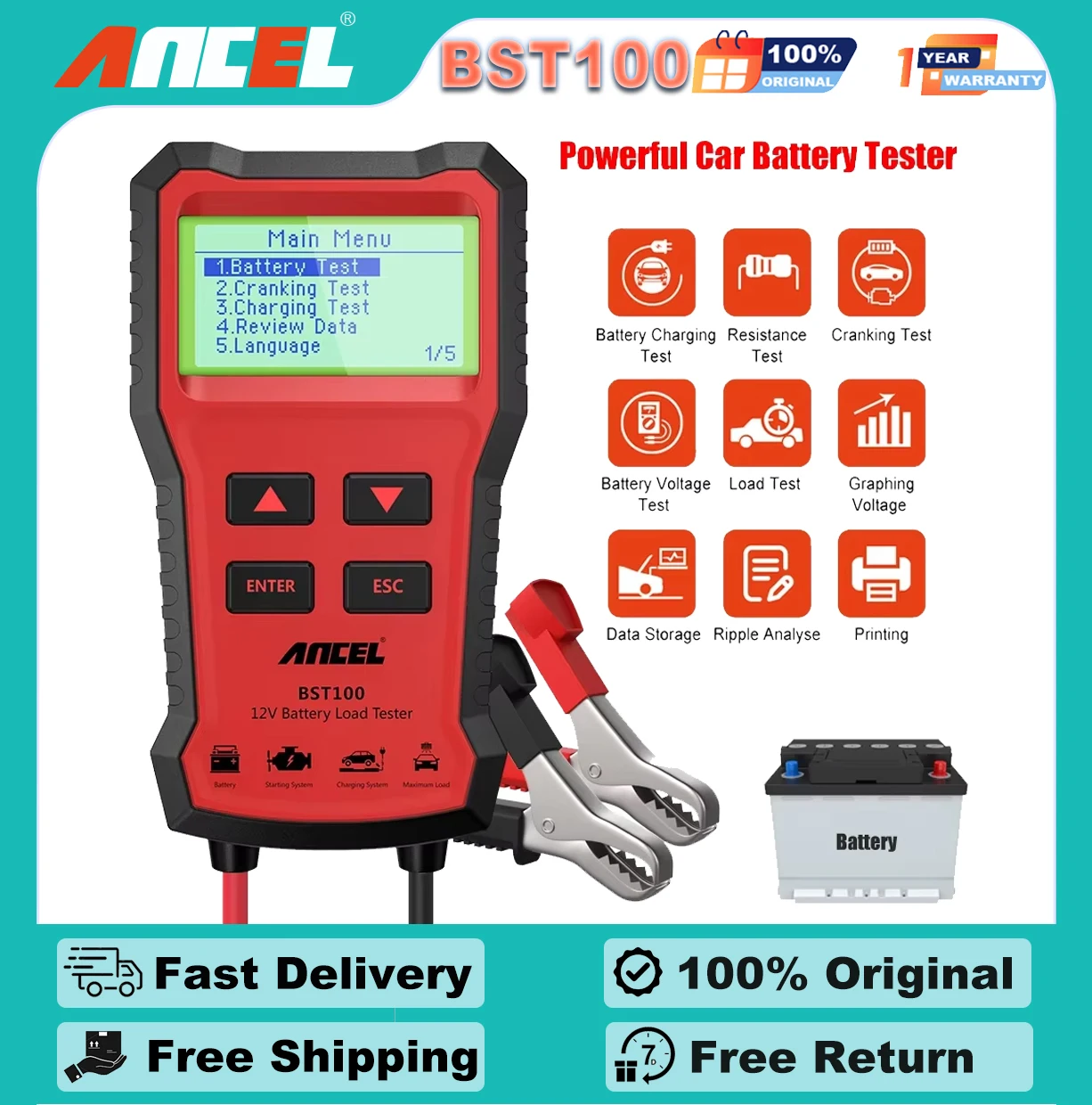 

ANCEL BST100 OBD2 Automotive Battery Tester Diagnostic Tool for 12V Cranking Charging Circuit Test 2000CCA BCI CCA Car Analyzer