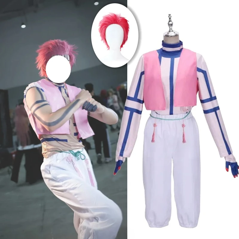 

Akaza Cosplay Hakuji Anime Kimetsu no Yaiba Costume Pink Vest White Pants Top Full Set Wig for Men Role Play Outfit Theme Party
