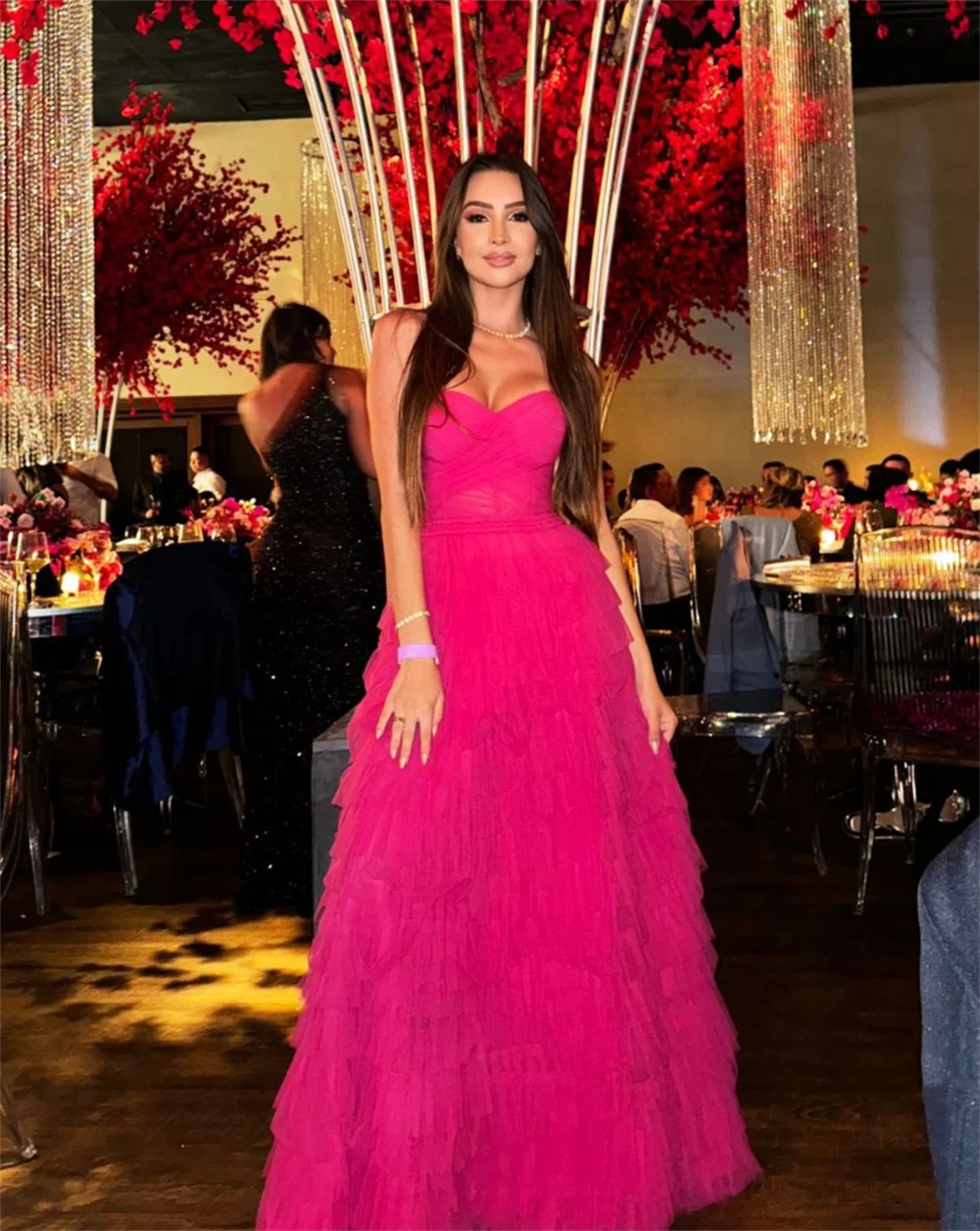 Jessica Hot Pink Prom Dresses Sexy Strapless Handmade Tulle EveningDresses Wedding Dress Women\'s Wedding Party Dress فساتين سهرة