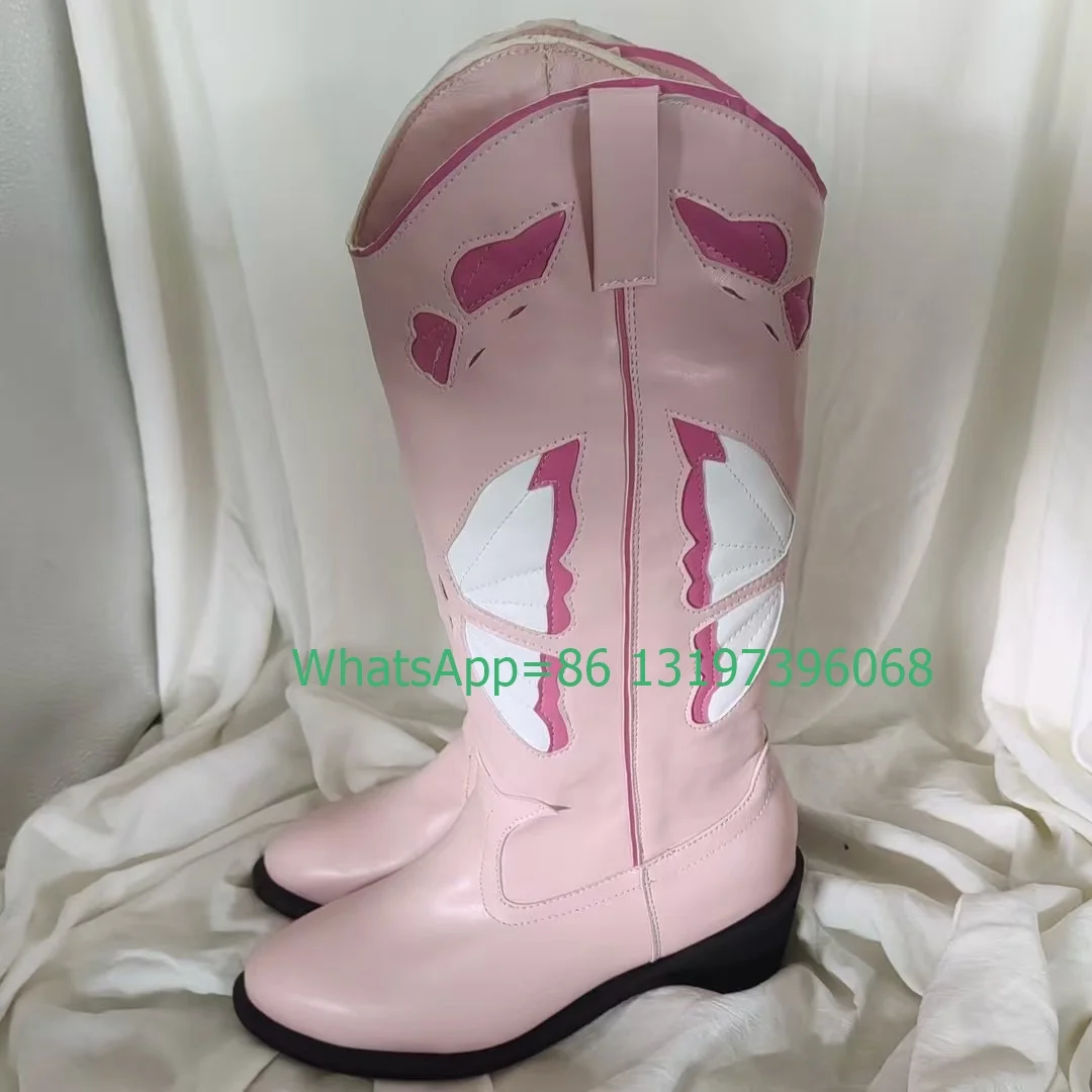 Lady pink chunky heel cowboy printed design boots pointed toe vintage style cowboy boots size 35-46 retro pink punk style boots