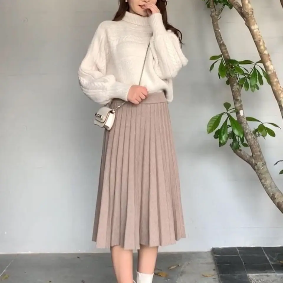 Elegant Fashion Solid Color Knit Pleated Skirt Autumn Winter A-Line Trend All-match Elastic High Waist Skirts Women\'s Clothing