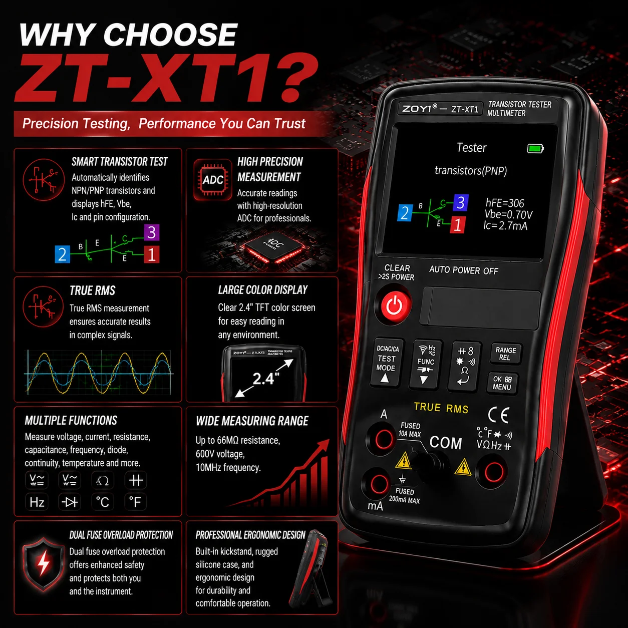 ZOYI ZT-XT1 Digital Multimeter Transistor Tester True RMS Meter NPN PNP Test Voltage Resistance Capacitance Frequency Tool