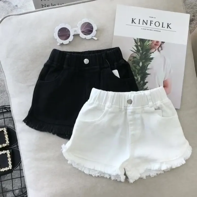 Girls Breathable Denim Shorts Kids Casual Summer Hot Pants White Black Korean Style Daily Wear