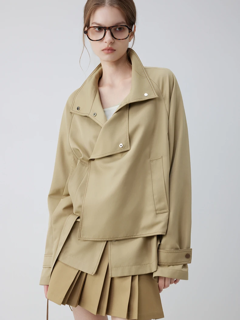CHEERART Designer Fall Fashion Jacket For Woman Khaki Loose Coat Double Collar Cropped Trench Coat New In Outwears