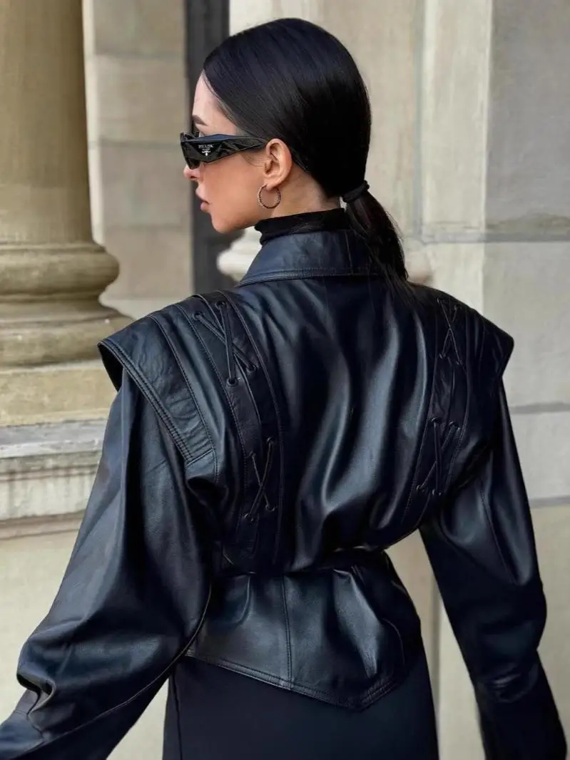 Suninherat Herbst-Kunstlederjacke, 2025, modischer schwarzer PU-Jackenmantel mit Gürtel, Revers, Damen-Outwear