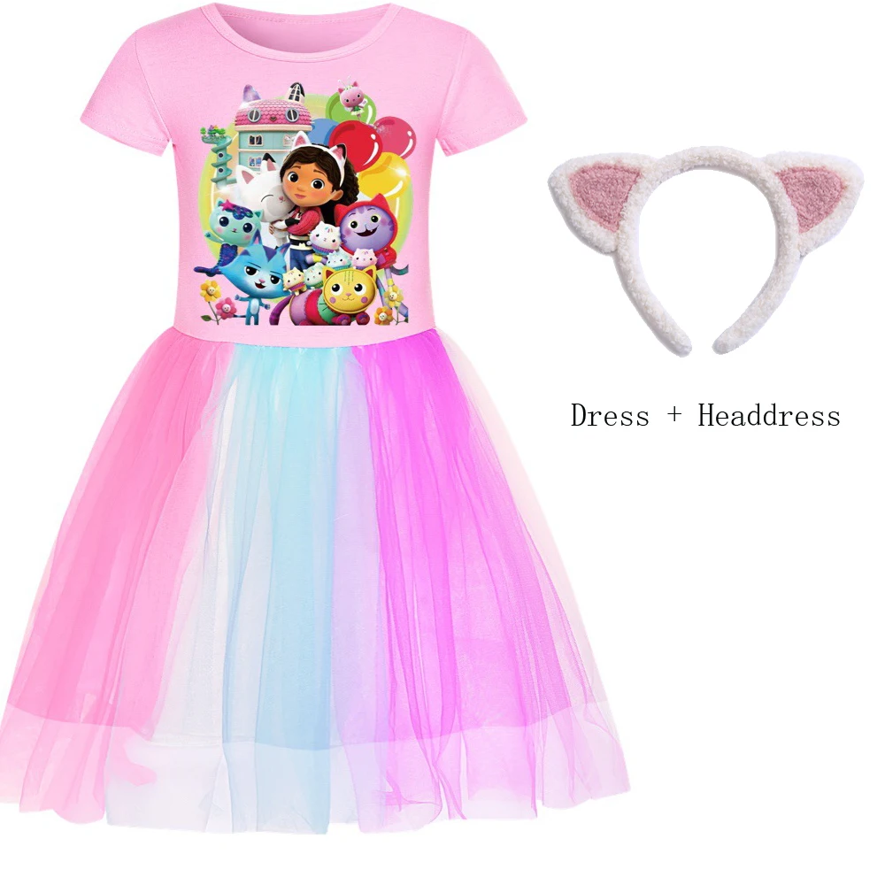 Gabbys Dollhouse Clothes Baby Girls Rainbow Dresses with Headdress Kids Cartoon Gabby Cats Tastic Wedding Party Princess Vestido