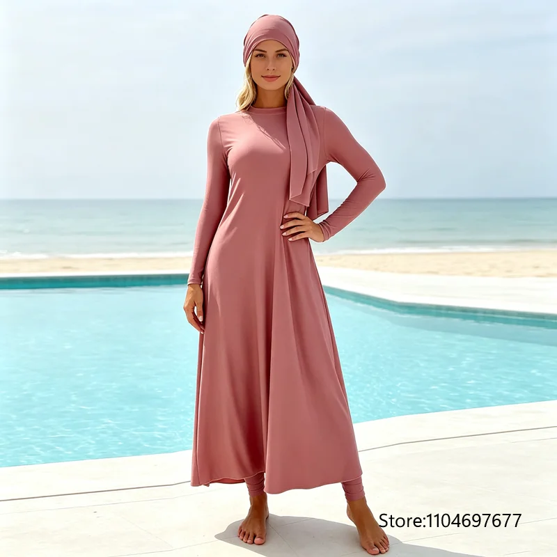 New Elegance Burkini Muslim All Covered swimsuit Loose Swimwear for Women Soft Pink long sleeved Dress and Pant with headscarf