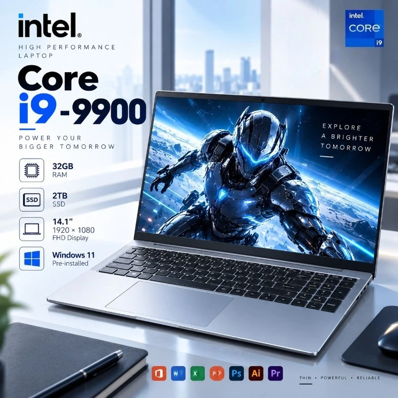 14.1" Gaming Laptop Portable Intel Core I9-9900 32GB RAM 1TB 2TB SSD 1920x1080 HD Ultra Slim Notebook Computer Office PC