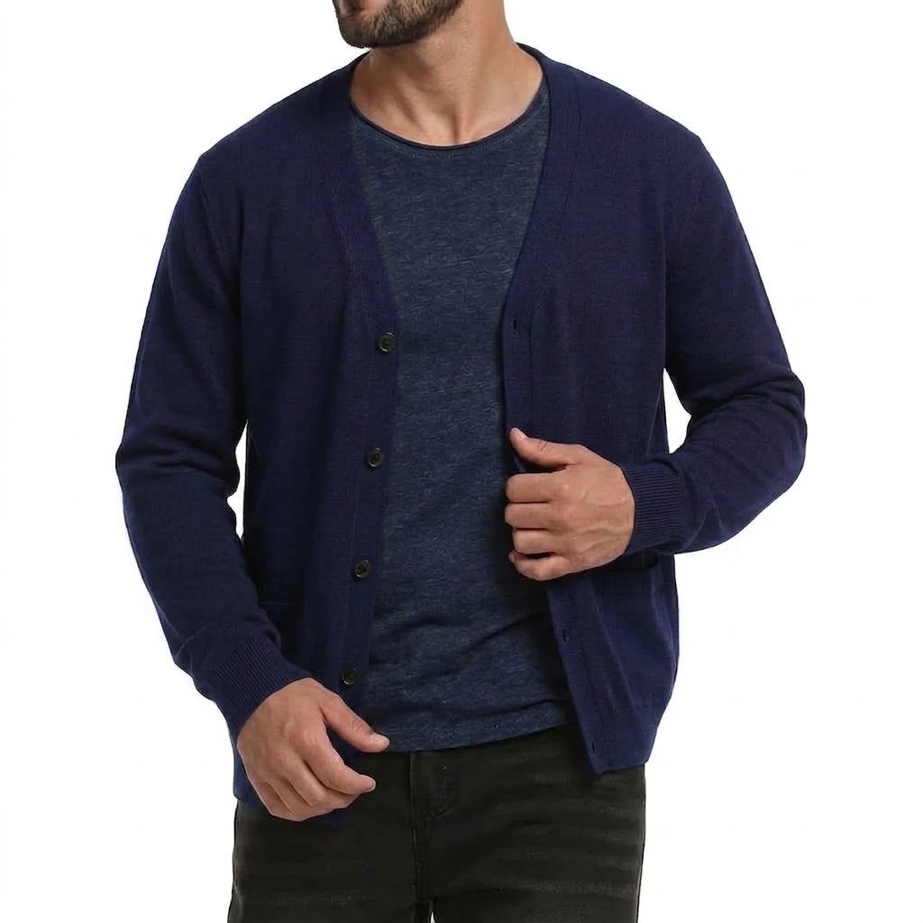 Neuer Herren-Cardigan mit langen Ärmeln, Knopfleiste, V-Ausschnitt, Strickware, lässiger Pullover, einfarbig, leichte Oberbekleidung mit Taschen. – Detail 12
