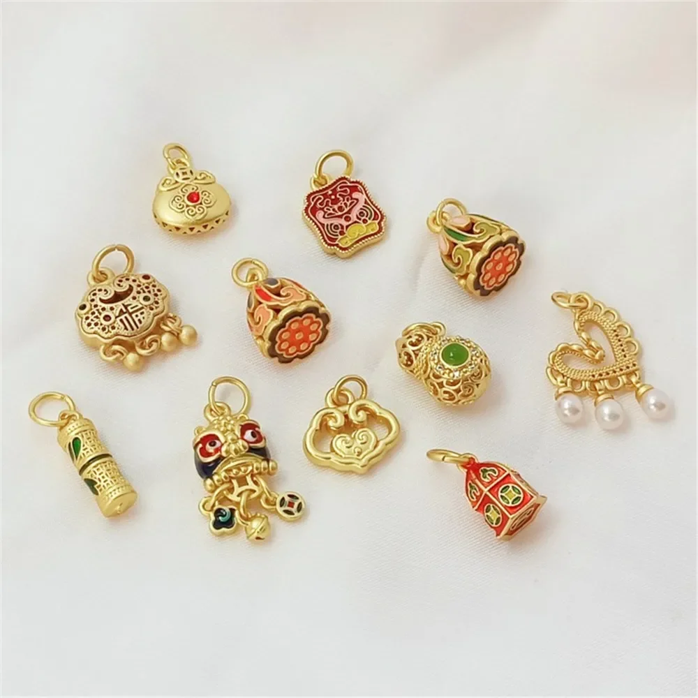 Золотой-замок-ruyi-в-древнем-стиле-«Фу»-Замок-с-персонажем-Семицветный-стручок-лотоса-Лев-Танец-Тыква-Сердце-Подвеска-diy-Аксессуары-ручной-работы