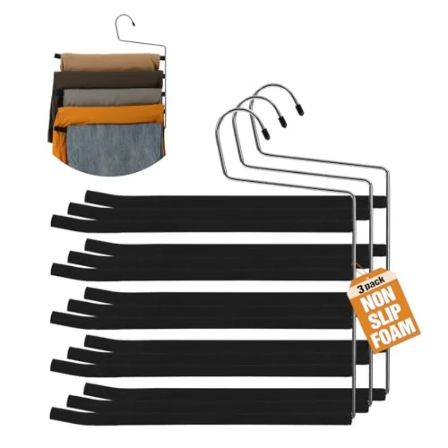 

Multi Layer Space Saving Non Slip Tiered Foam Padded No Creases Pants Hangers 5 Tier Steel Open Ended Black 3 Pack