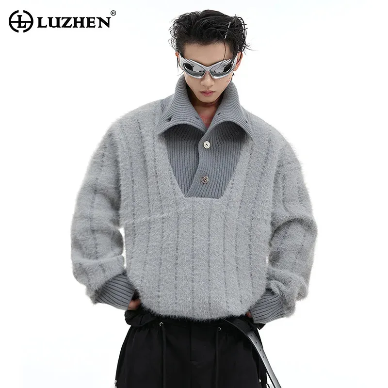 

LUZHEN Autumn Winter Sweater Knitted Loose Trendy Color Contrast Designer Men's Fashion Casual Thermal Handwoven Tops LZ5275