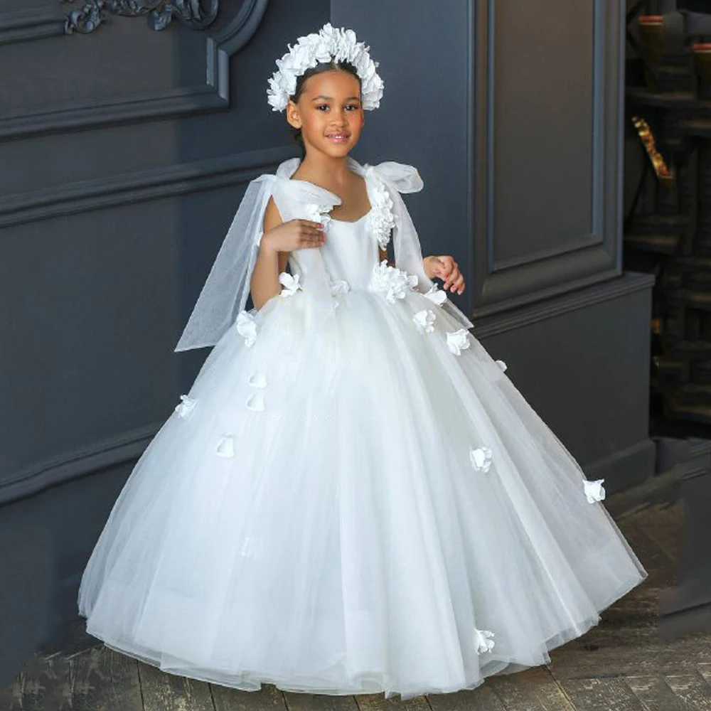 Kids First Communion Dress Custom White Tulle Ball Gown Birthday Party es Bow Pearls Puffy  Wedding Flower Girl 