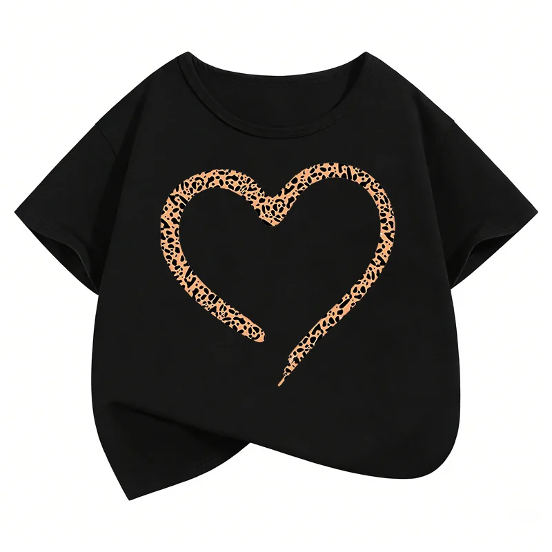 Love Heart Leopard Print Fashion T Shirts Y2k Kids Children's T-shirt Boys Girls Summer Spring Casual Top Tee Shirt