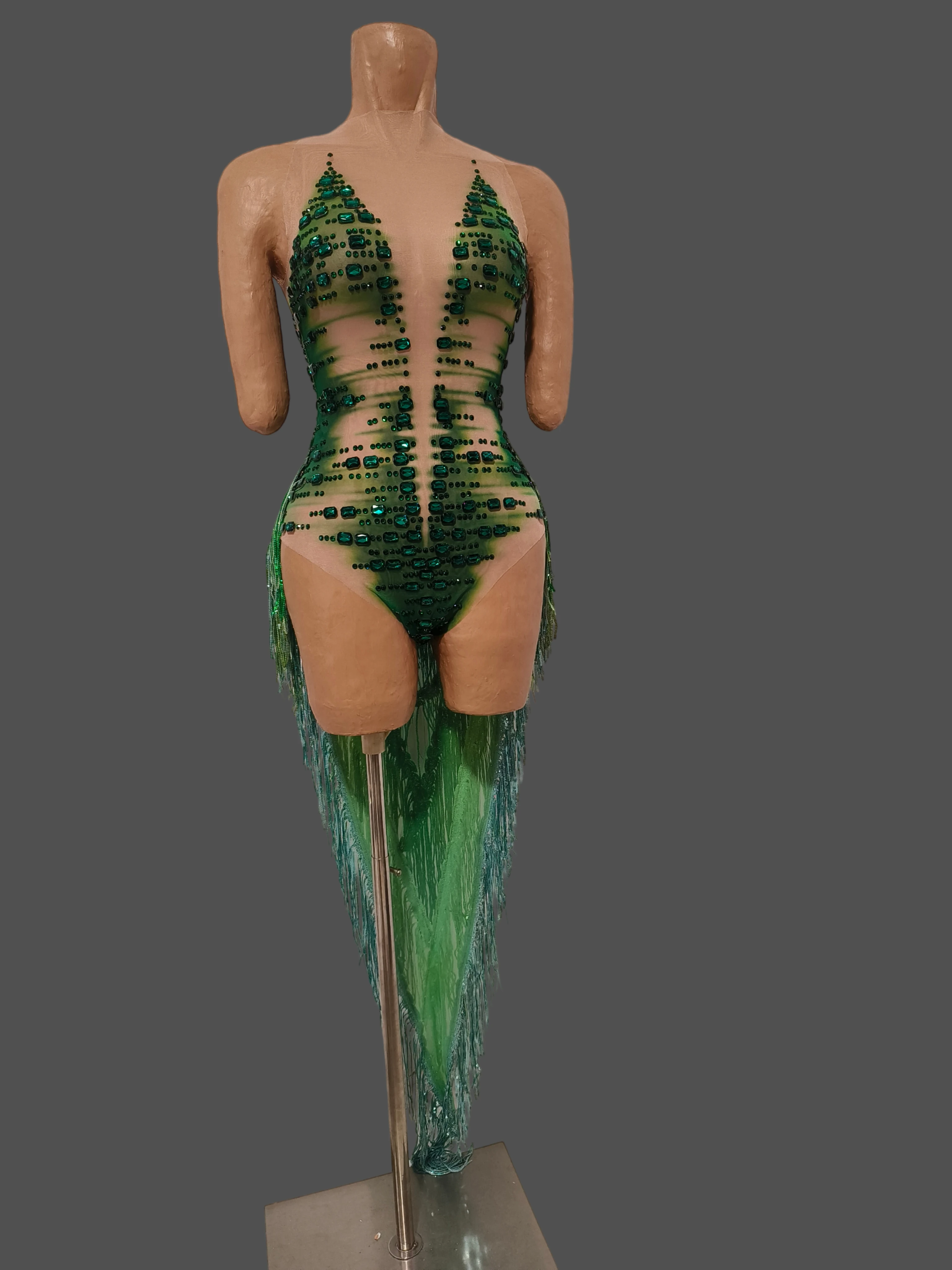 New Emerald Rhinestones Sheer Bodysuit Sequins Fringed Back Dress Woman Dance Costume Singer Stage Costumes Adult Show Clubwear