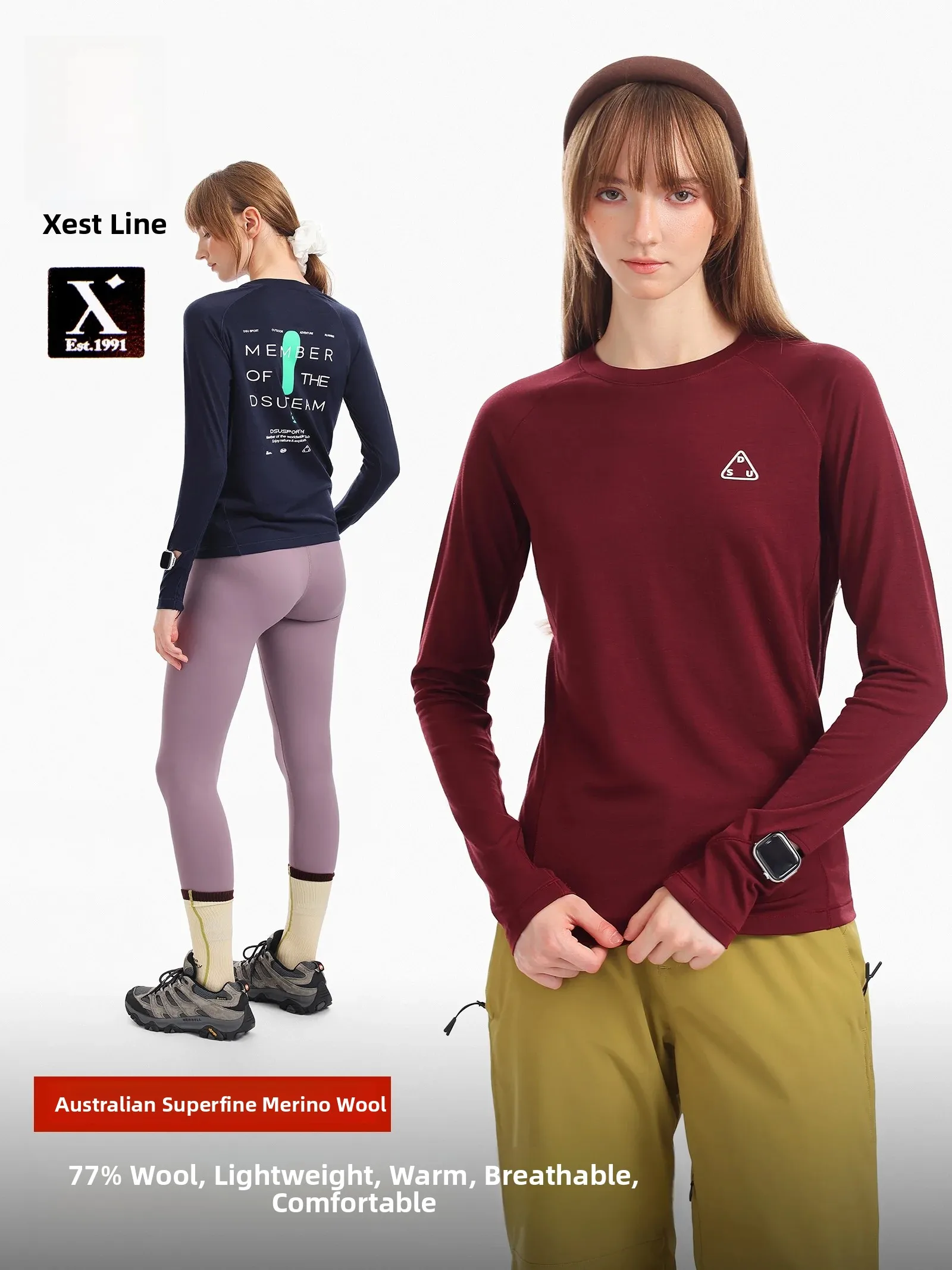 High-End Wool Long Sleeve T-Shirt Women's 77 Merino Wool Outdoor Hiking Base Layer Shirt Sporty Breathable Antibacterial
