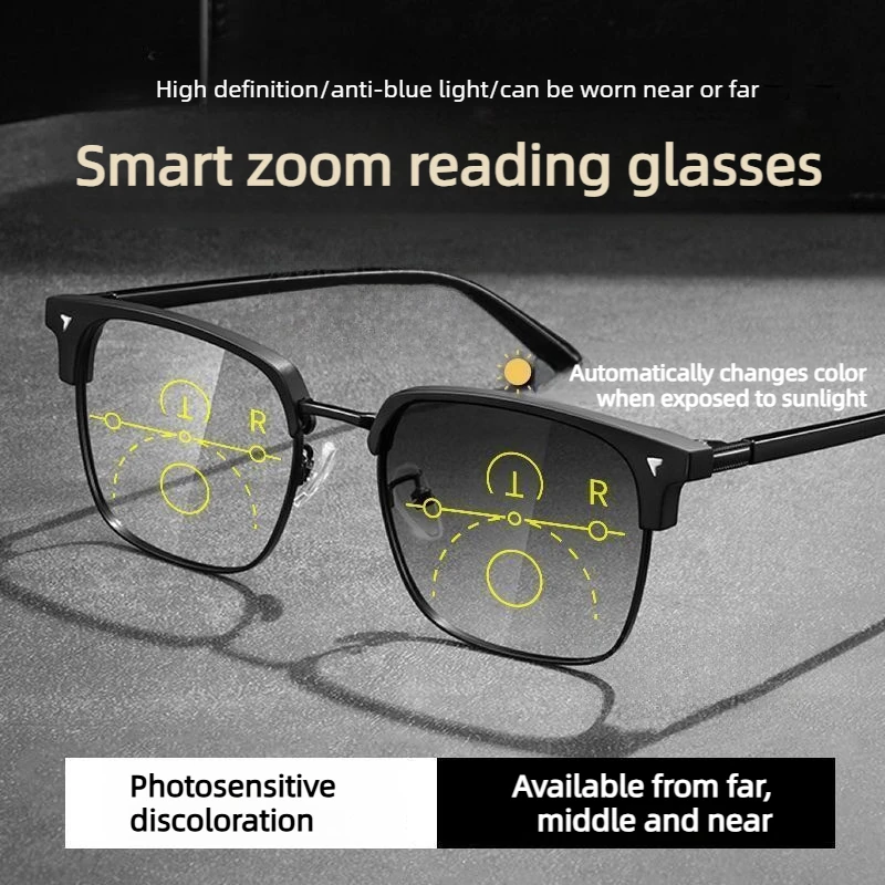 Unisex Metal Square-Frame Photochromic Multifocal Presbyopia Glasses Anti-blue Light Men's Half-Frame Business Reading Glasses