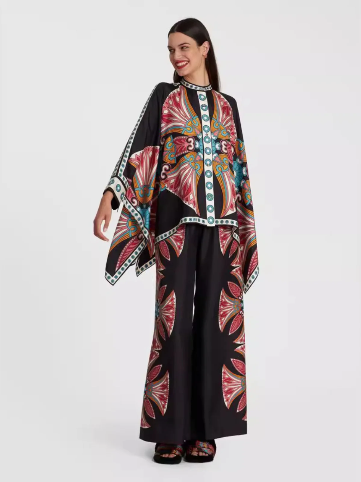 

Ele Floral Print Asymmetrical irt Top And Pant Suit Women's Faion Set Long Pants Ensemble for Sli Ladies