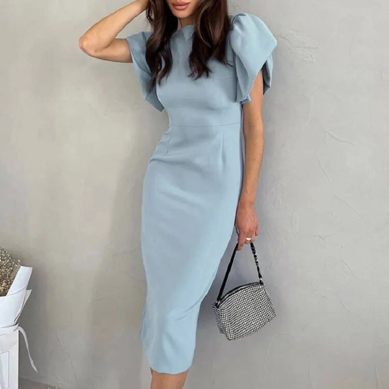 오피스룩 여성 우아한 O넥 슬릿 파티 드레스 봄 솔리드 슬림 바디콘 힙 드레스 여름 퍼프 반팔 미디 드레스 베스티도스