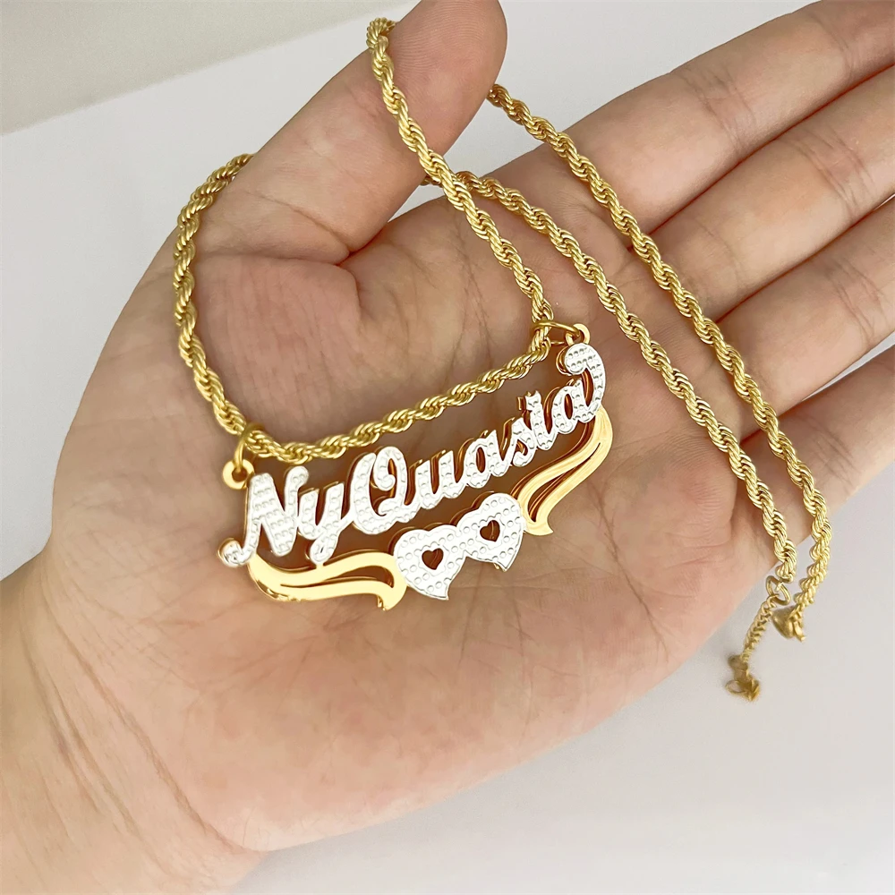 

3D Double Layer Custom Name Necklace 18K Gold Plated Two Tone Personalized Name Necklace with Heart Shape Women's Jewelry Gift