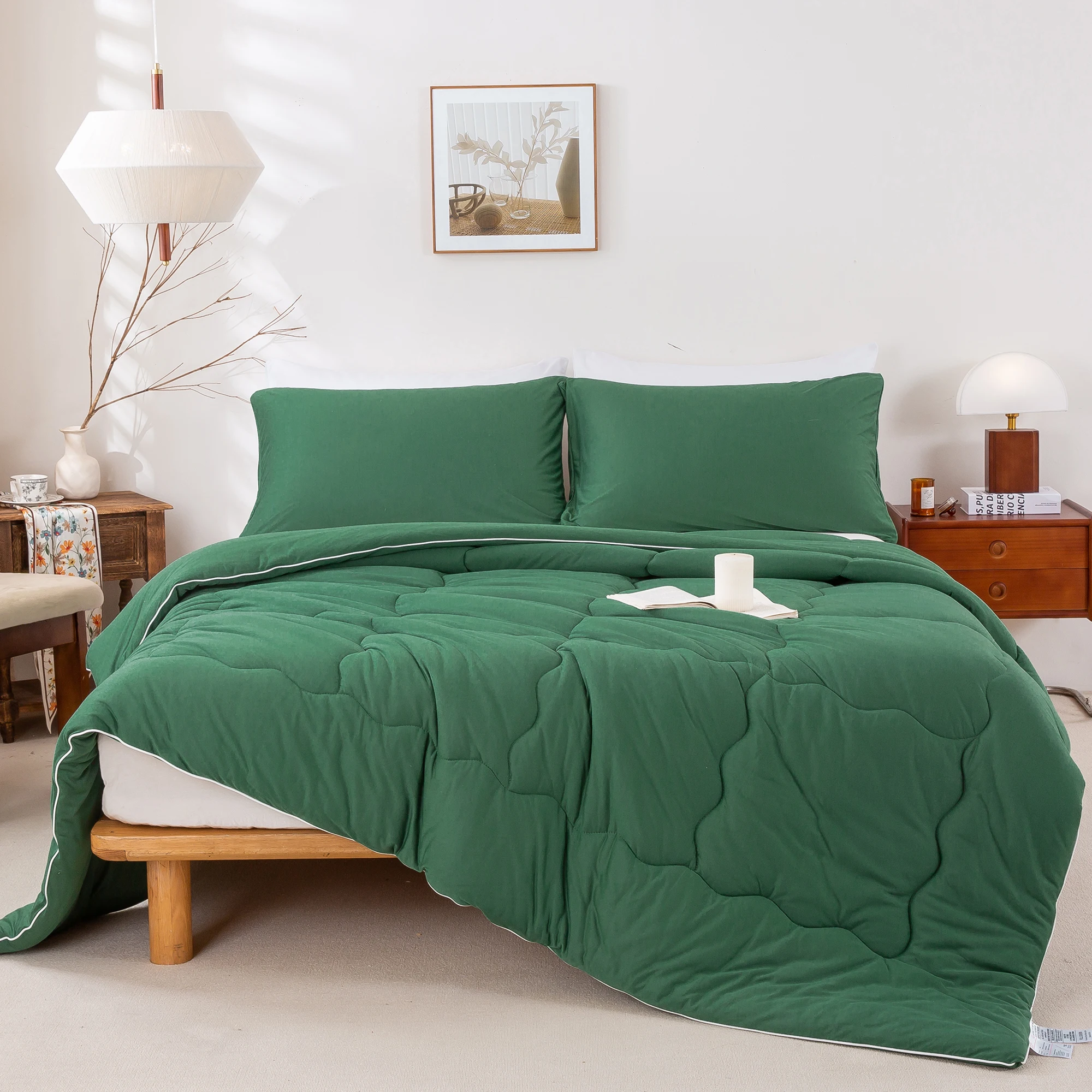 3-Piece Full Size Comforter Set, Soft Fluffy Shabby Chic Comforter for All Seasons  Emerald Green Full Size