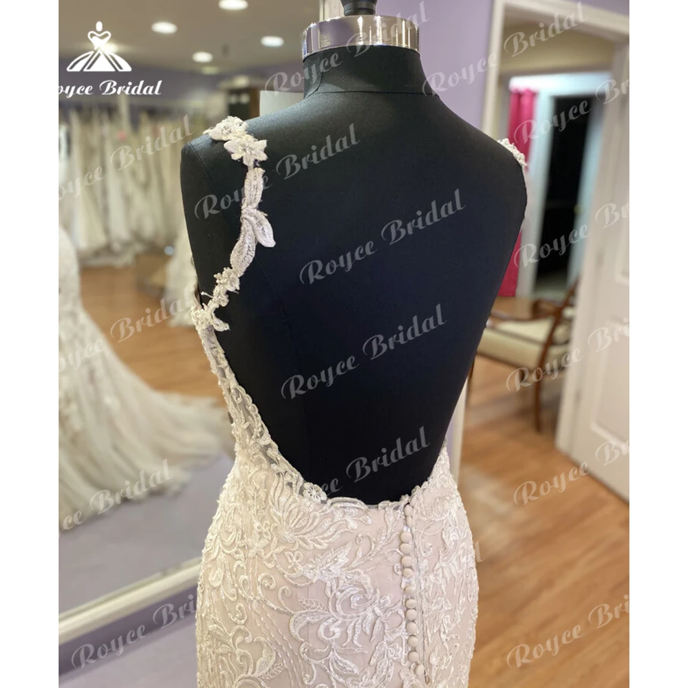 Exquisite Spitze Meerjungfrau Hochzeit Kleid Sexy V-ausschnitt Appliques Spaghetti-trägern Open Back Taste Für Frauen Brautkleid Sweep Vestido