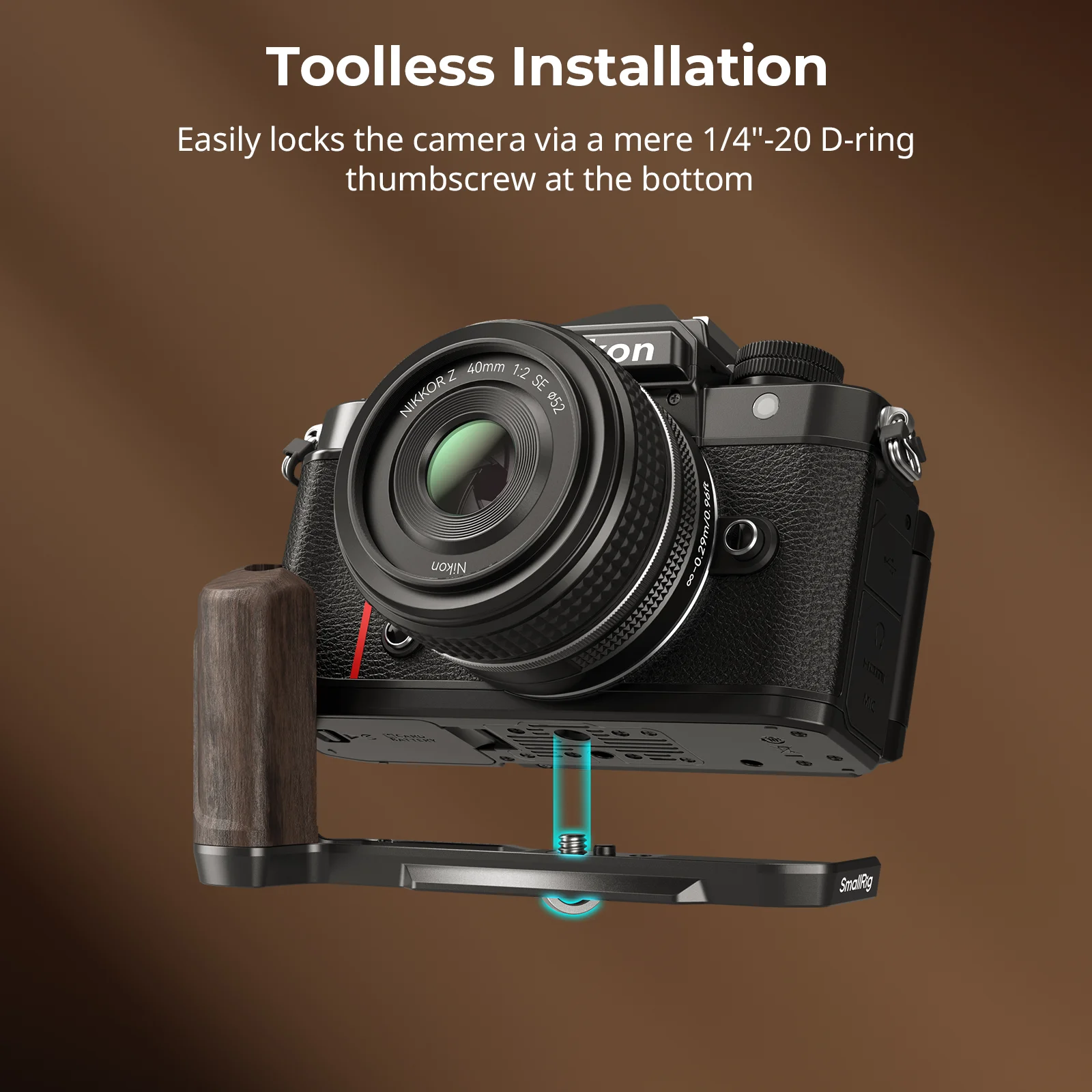 لوحة تثبيت على شكل حرف L من SmallRig Z f مع مقبض خشبي لنيكون Z f مع لوحة تحرير سريعة من Arca-Swiss لحوامل ثلاثية من النوع Arca 4801