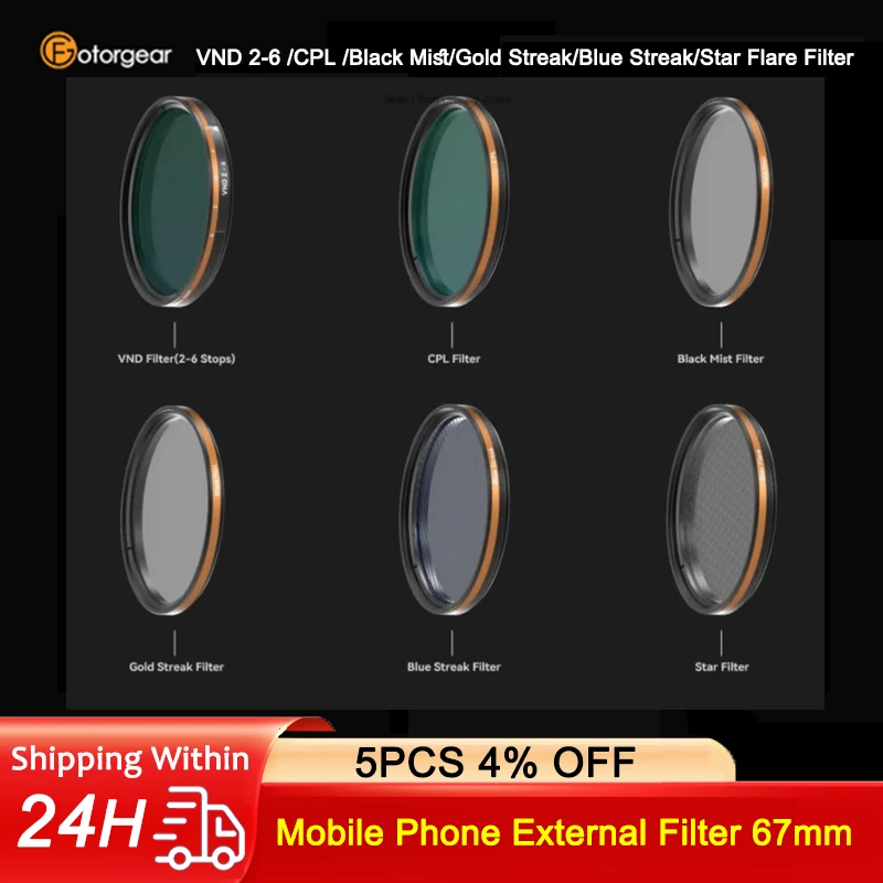 Fotorgear-Universal Smartphone Filter 67mm , CPL ND Black Mist, Gold Streak, Blue Streak Filter for iPhone 15, 14, 12, 13 Series