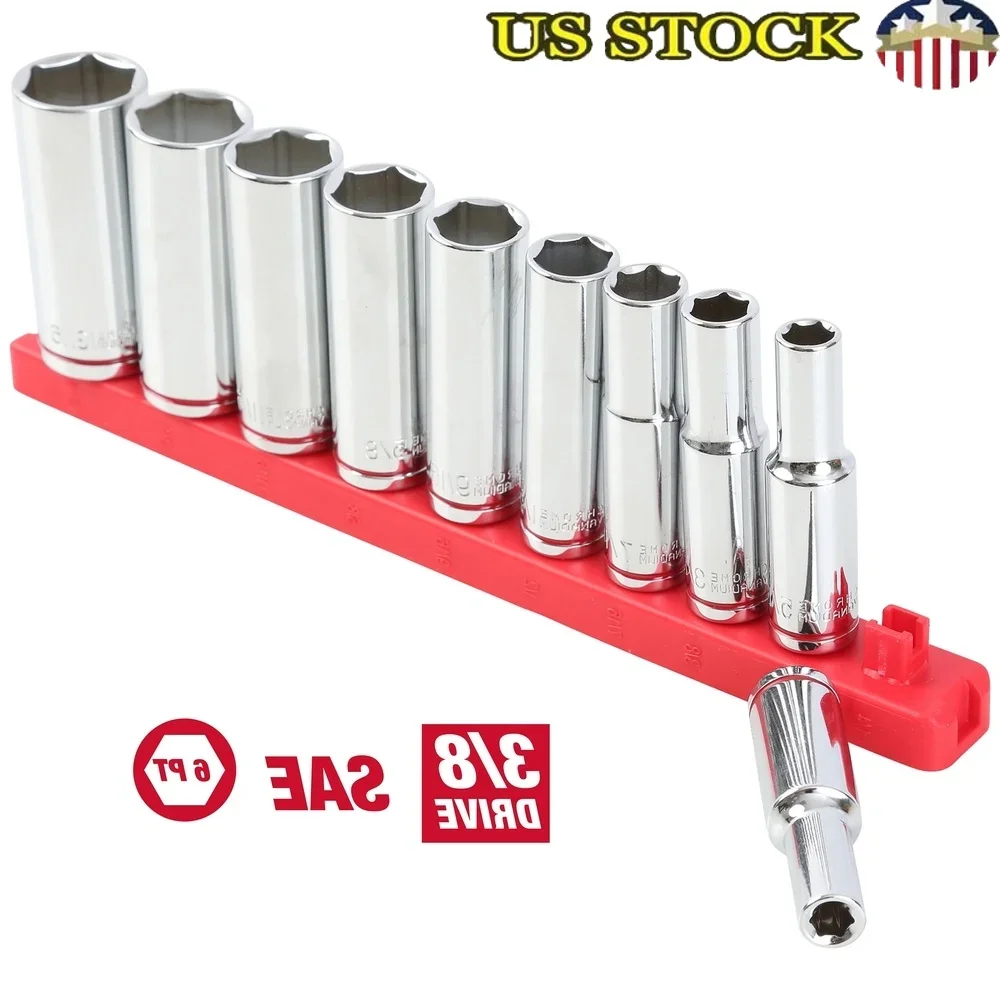 

11 Piece 3/8 Inch Drive Deep SAE Socket Set Chrome Vanadium Steel with Color Coded Bands and Reusable Socket Rail Easy