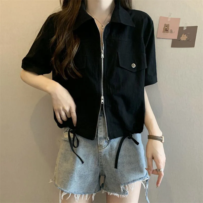 New Summer Short Sleeve Cargo Jacket Women Korean Zipper Drawstring Short Coat Female Black White Turndown Collar Casual Jackets