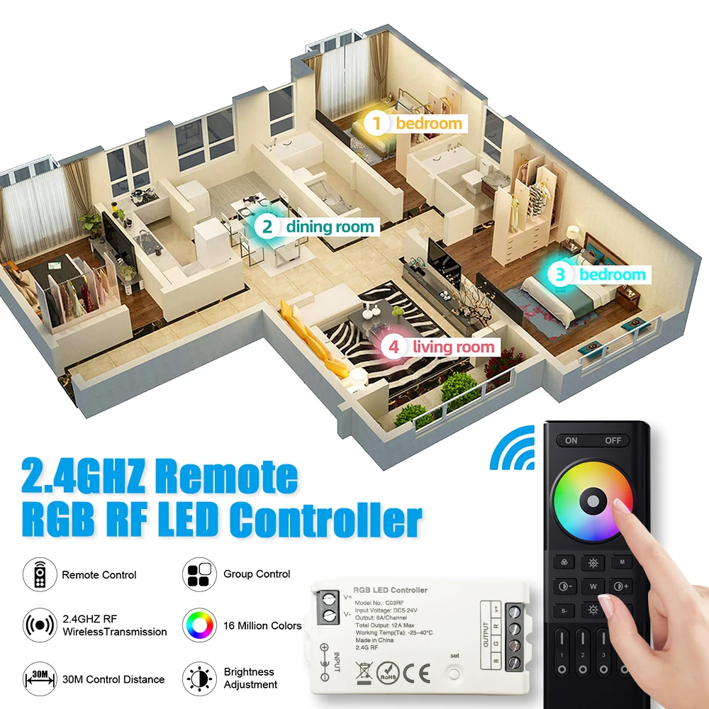 

4 Zones RF 2.4G Wireless Remote Control with COB RGB LED Strip Controller for DC5V~24V RGB LED Strip Dimming 1%~100% Lighting