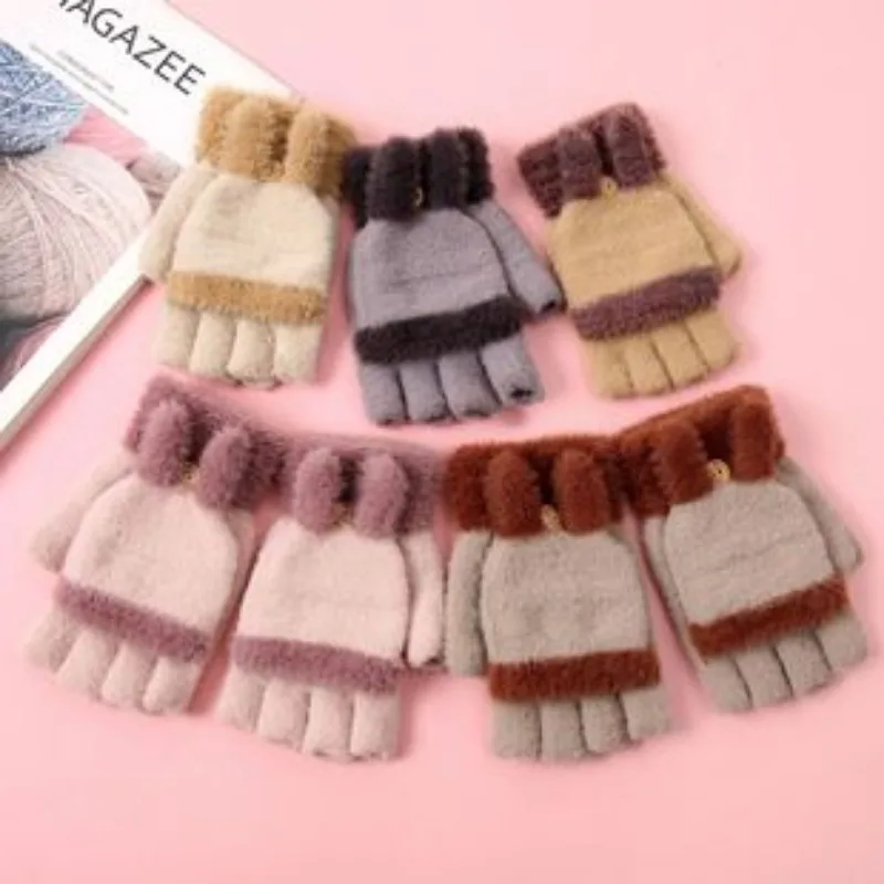 Winter Children Fashion Cute Solid Color Boys and Girls Warm Thick Comfortable Flip Half Finger Gloves